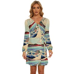 Wave Japanese Mount Fuji Woodblock Print Ocean Long Sleeve Waist Tie Ruffle Velvet Dress