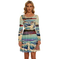 Wave Japanese Mount Fuji Woodblock Print Ocean Long Sleeve Wide Neck Velvet Dress by Cowasu