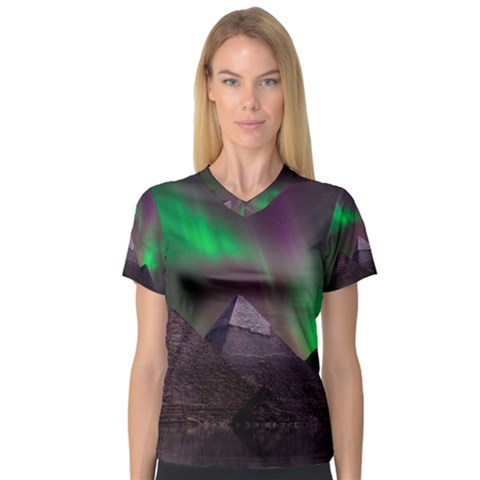 Fantasy Pyramid Mystic Space Aurora V-neck Sport Mesh Tee by Cowasu