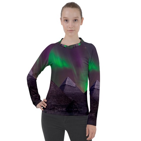 Fantasy Pyramid Mystic Space Aurora Women s Pique Long Sleeve Tee by Cowasu