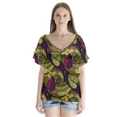 Pattern Vector Texture Style Garden Drawn Hand Floral V-neck Flutter Sleeve Top by Cowasu