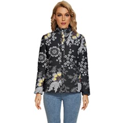 White And Yellow Floral And Paisley Illustration Background Women s Puffer Bubble Jacket Coat by Cowasu