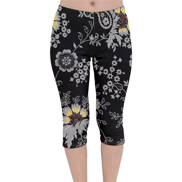 White And Yellow Floral And Paisley Illustration Background Velvet Capri Leggings 