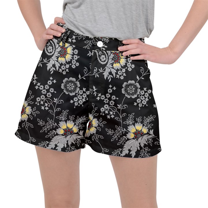 White And Yellow Floral And Paisley Illustration Background Women s Ripstop Shorts