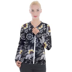 White And Yellow Floral And Paisley Illustration Background Casual Zip Up Jacket by Cowasu