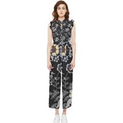 White And Yellow Floral And Paisley Illustration Background Women s Frill Top Chiffon Jumpsuit by Cowasu