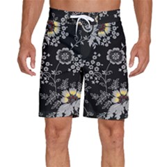 White And Yellow Floral And Paisley Illustration Background Men s Beach Shorts by Cowasu