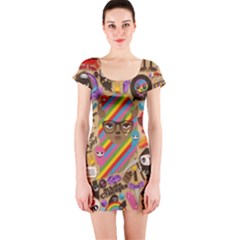 Multicolored Doodle Art Wallpaper Short Sleeve Bodycon Dress by Cowasu