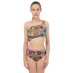 Multicolored Doodle Art Wallpaper Spliced Up Two Piece Swimsuit by Cowasu