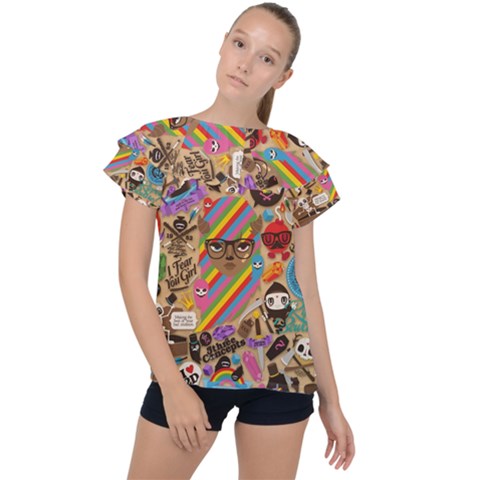 Multicolored Doodle Art Wallpaper Ruffle Collar Chiffon Blouse by Cowasu