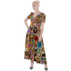 Multicolored Doodle Art Wallpaper Button Up Short Sleeve Maxi Dress by Cowasu