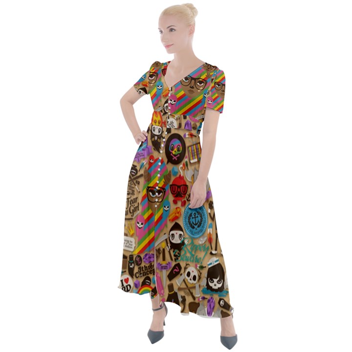 Multicolored Doodle Art Wallpaper Button Up Short Sleeve Maxi Dress