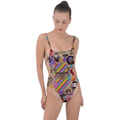 Multicolored Doodle Art Wallpaper Tie Strap One Piece Swimsuit by Cowasu