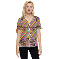 Multicolored Doodle Art Wallpaper Bow Sleeve Button Up Top by Cowasu