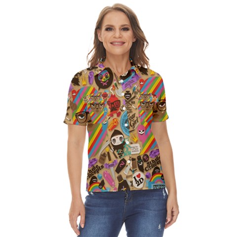 Multicolored Doodle Art Wallpaper Women s Short Sleeve Double Pocket Shirt by Cowasu