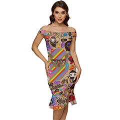 Multicolored Doodle Art Wallpaper Off Shoulder Ruffle Split Hem Bodycon Dress by Cowasu