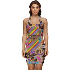 Multicolored Doodle Art Wallpaper Sleeveless Wide Square Neckline Ruched Bodycon Dress by Cowasu