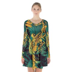 Tiger Long Sleeve Velvet V-neck Dress