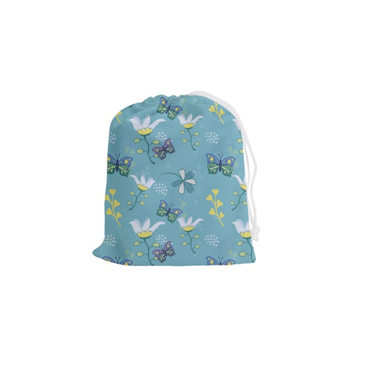 Butterfly Flower Blue Background Drawstring Pouch (Small)