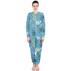 Butterfly Flower Blue Background Onepiece Jumpsuit (ladies)