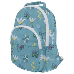 Butterfly Flower Blue Background Rounded Multi Pocket Backpack by danenraven