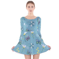 Butterfly Flower Blue Background Long Sleeve Velvet Skater Dress