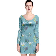 Butterfly Flower Blue Background Long Sleeve Velvet Bodycon Dress