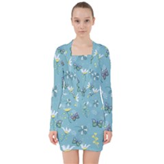 Butterfly Flower Blue Background V-neck Bodycon Long Sleeve Dress by danenraven