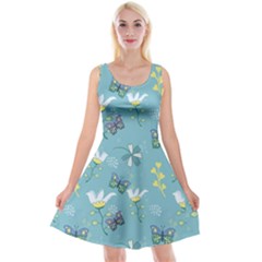 Butterfly Flower Blue Background Reversible Velvet Sleeveless Dress