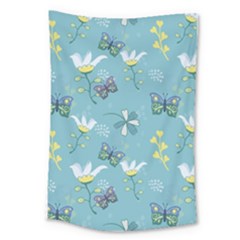 Butterfly Flower Blue Background Large Tapestry