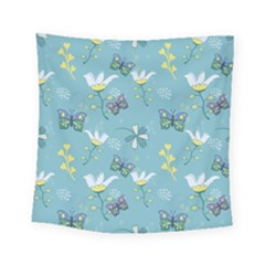 Butterfly Flower Blue Background Square Tapestry (small)