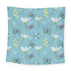 Butterfly Flower Blue Background Square Tapestry (large)