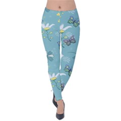 Butterfly Flower Blue Background Velvet Leggings