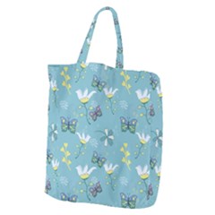 Butterfly Flower Blue Background Giant Grocery Tote by danenraven