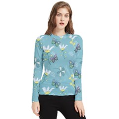 Butterfly Flower Blue Background Women s Long Sleeve Rash Guard by danenraven