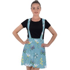 Butterfly Flower Blue Background Velvet Suspender Skater Skirt by danenraven