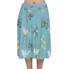 Butterfly Flower Blue Background Velvet Flared Midi Skirt by danenraven