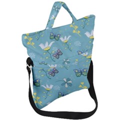 Butterfly Flower Blue Background Fold Over Handle Tote Bag by danenraven