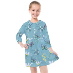 Butterfly Flower Blue Background Kids  Quarter Sleeve Shirt Dress by danenraven