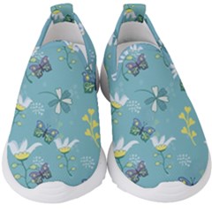 Butterfly Flower Blue Background Kids  Slip On Sneakers by danenraven