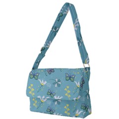 Butterfly Flower Blue Background Full Print Messenger Bag (l) by danenraven