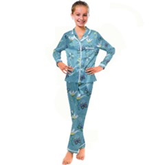 Butterfly Flower Blue Background Kids  Satin Long Sleeve Pajamas Set by danenraven