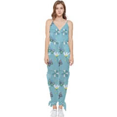 Butterfly Flower Blue Background Sleeveless Tie Ankle Chiffon Jumpsuit