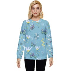 Butterfly Flower Blue Background Hidden Pocket Sweatshirt