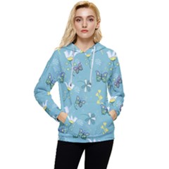 Butterfly Flower Blue Background Women s Lightweight Drawstring Hoodie