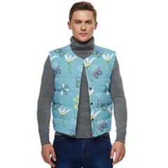 Butterfly Flower Blue Background Men s Short Button Up Puffer Vest	