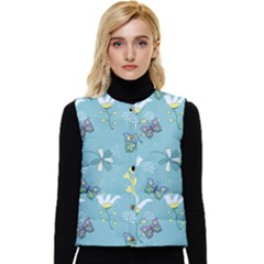 Butterfly Flower Blue Background Women s Short Button Up Puffer Vest