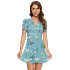 Butterfly Flower Blue Background V-neck High Waist Chiffon Mini Dress by danenraven