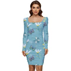 Butterfly Flower Blue Background Women Long Sleeve Ruched Stretch Jersey Dress by danenraven