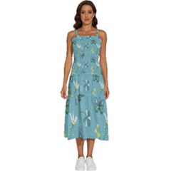 Butterfly Flower Blue Background Sleeveless Shoulder Straps Boho Dress